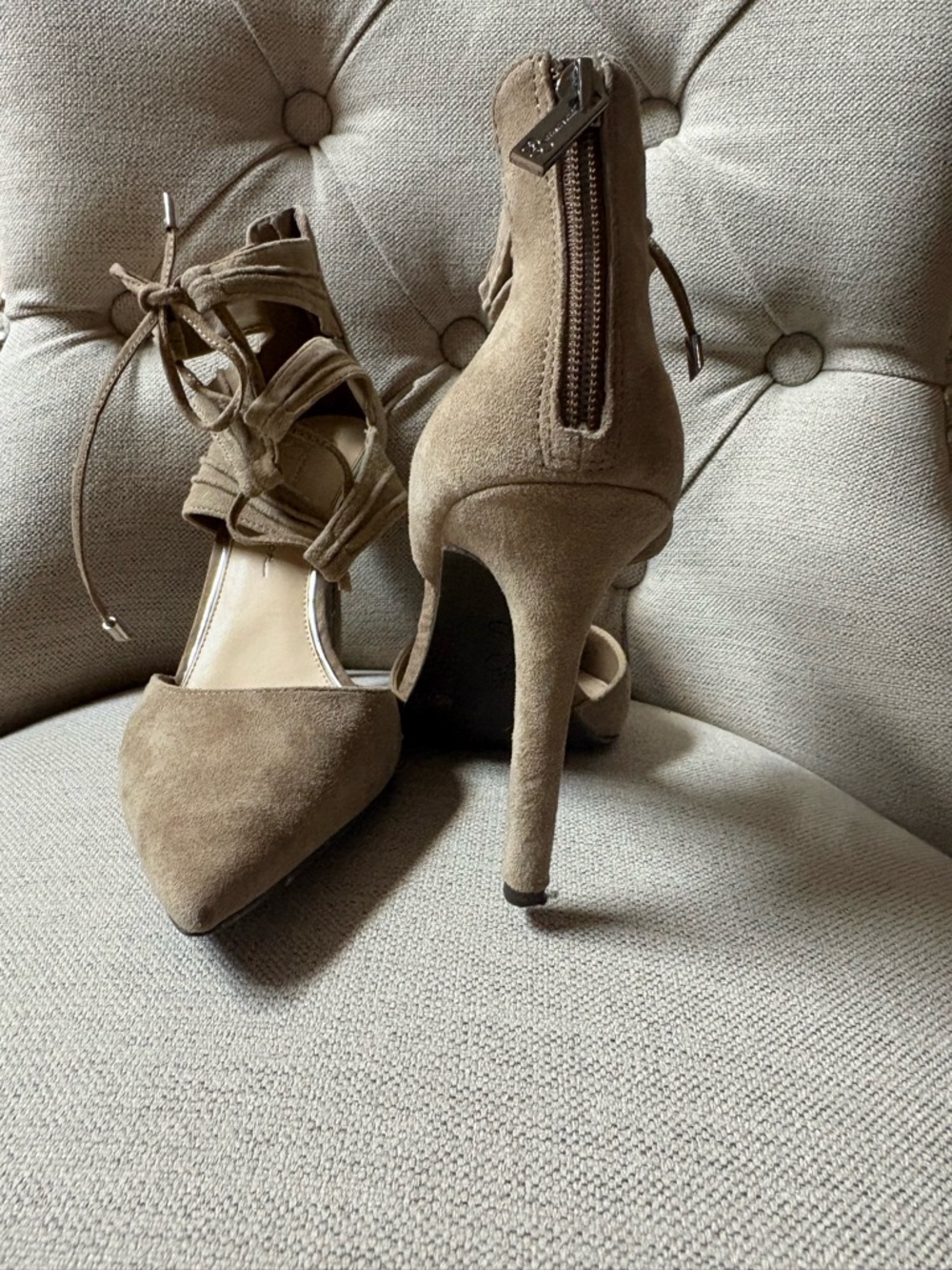 Jessica Simpson Pointed-Toe Suede Lace-Up Heels in Taupe - Picture 6 of 11
